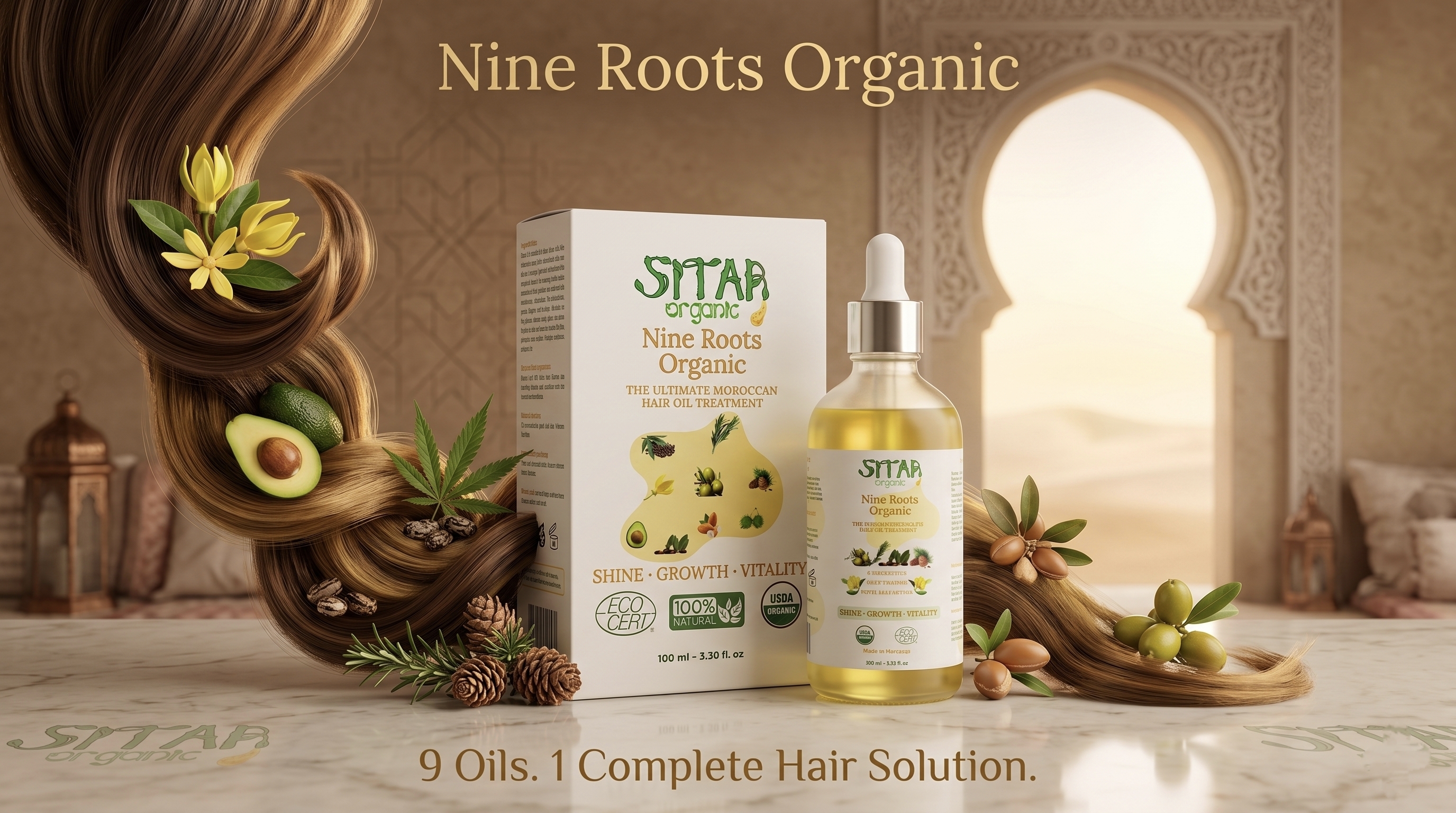 Nine Roots Organic Moroccan hair oil bottle with botanical ingredients