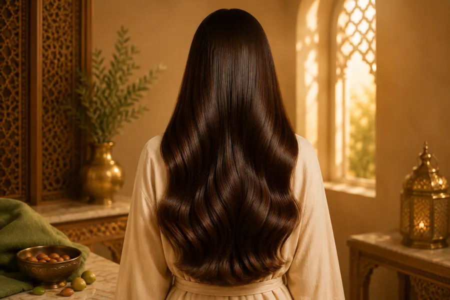 Healthy glossy smooth hair with warm luxury beauty lighting